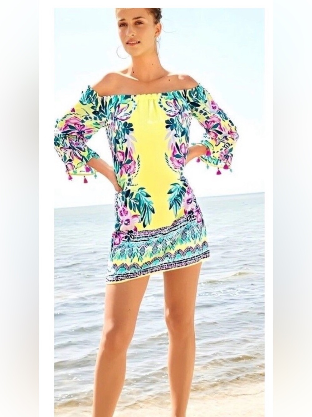 EUC SZ S Lilly Pulitzer Holy Grail Payge Off Shoulder Dress in Vibrant Yellow